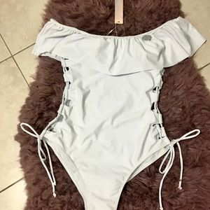 Sexy off the shoulder one piece lace up swimsuit